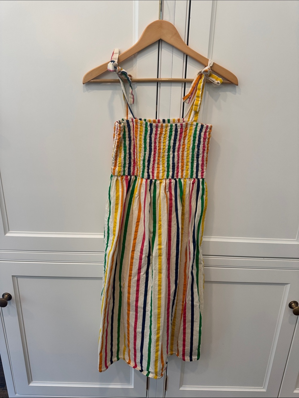 Smocked Multicolor Stripe Tie-Shoulder Maxi Dress
